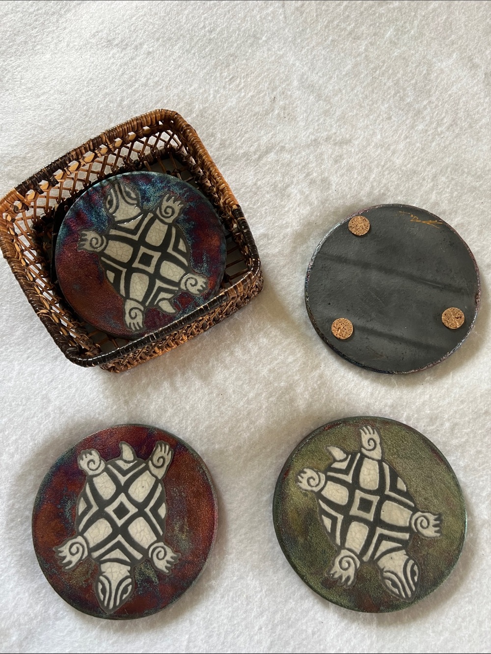 Handmade and Hand-Painted Turtle Coasters Set - Multicolor, signed, with  basket